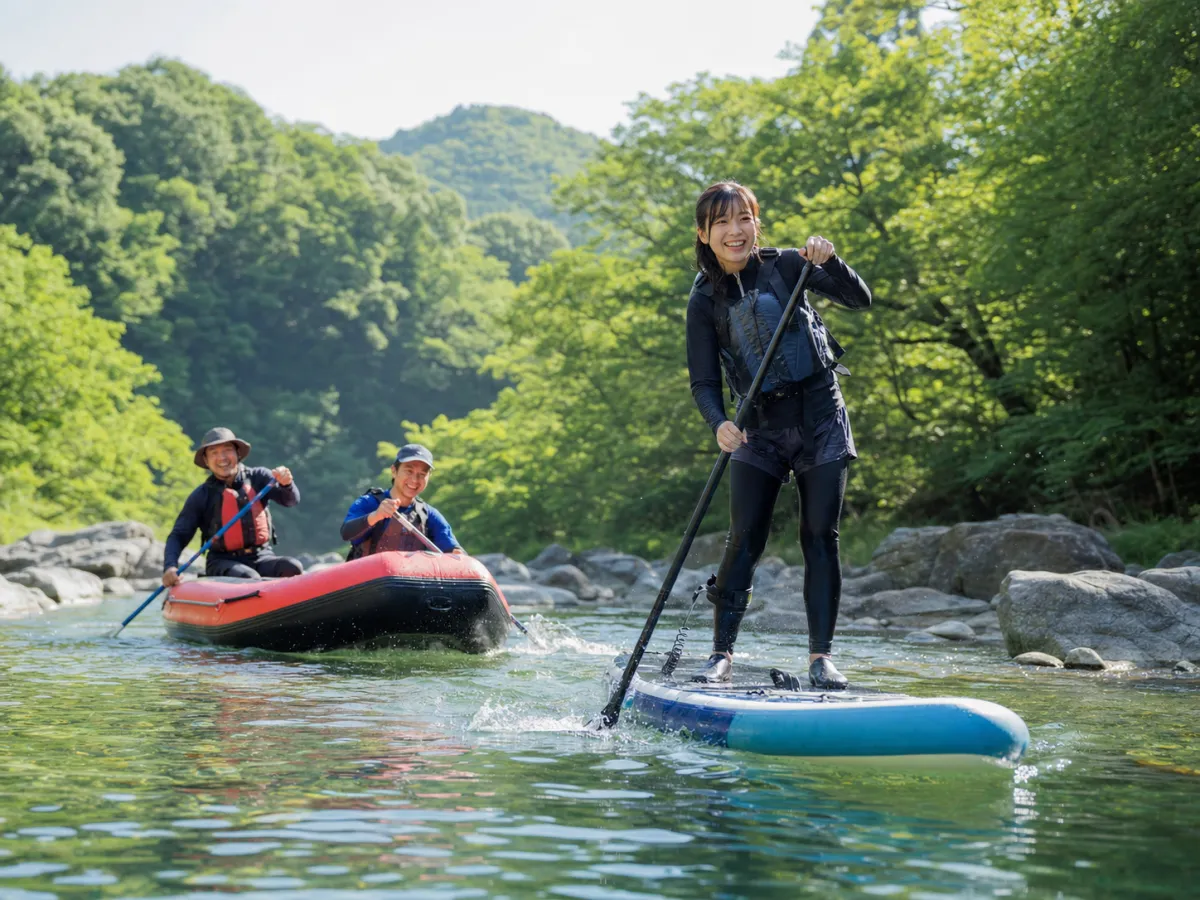 渓流でSUP・ラフティングを楽しむ体験ツアーの様子